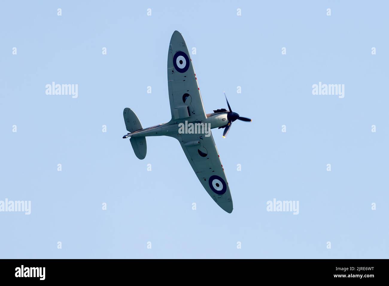 Eastbourne, East Sussex, UK.  Featuring the Battle of Britain Memorial Flight the Supermarine Spitfire appearing at Eastbourne Airshow 2022, Airbourne, with aircraft displaying and flybys viewed from Eastbourne Beach. 18th August 2022 Stock Photo