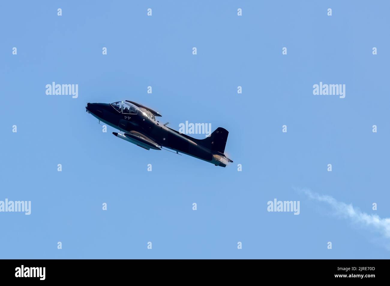 Eastbourne, East Sussex, UK. Featuring the G-RSAF Strikemaster appearing at Eastbourne Airshow 2022, Airbourne, with aircraft displaying and flybys viewed from Eastbourne Beach. 18th August 2022 Stock Photo