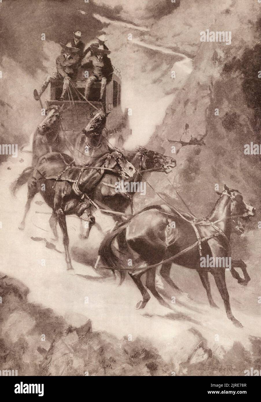 Amateur Rocky Mountain stage driving.  After a work by American artist Frederic Sackrider Remington, 1861 – 1909. Stock Photo