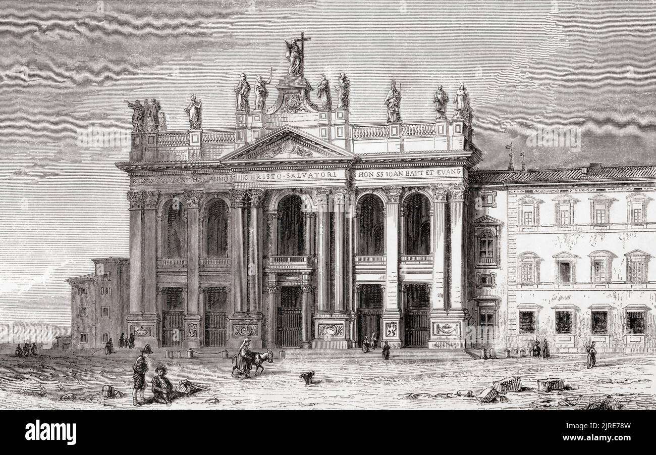 Archbasilica of Saint John Lateran, Rome, Italy, seen here in the 19th century.  Founded in 324 it was rebuilt in the late 16th century after its deterioration in the middle ages. The interior was renovated in the late 17th century, and its façade was completed in 1735.  Designed by architect Alessandro Galilei it is of Baroque, Neoclassical style.  From Les Plus Belles Eglises du Monde, published 1861. Stock Photo