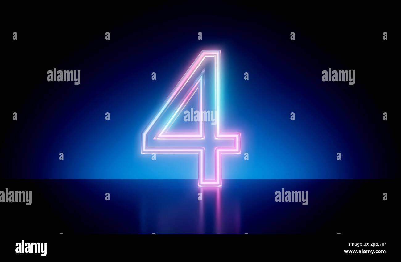 Number 4 neon glowing futuristic tube light. 3D Rendering Stock Photo