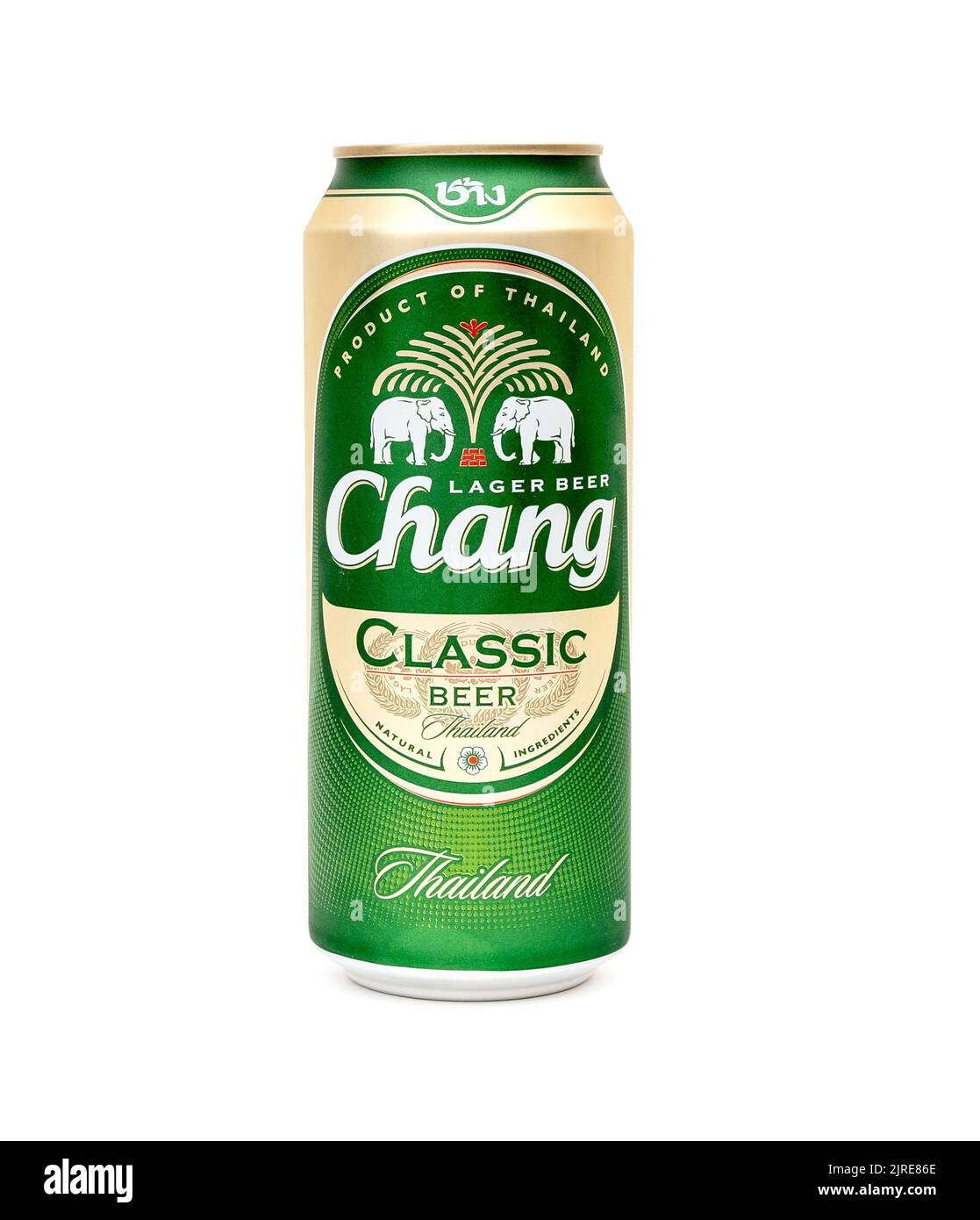 BANGKOK - AUG - 19: Can with lager beer by ThaiBev Chang Thai islated on white, in Bangkok, 19. 08. 2022 in Thailand Stock Photo