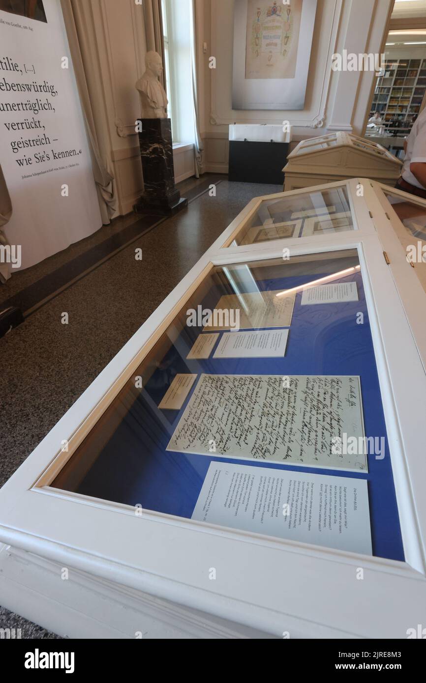 Weimar, Germany. 24th Aug, 2022. Letters from Ottilie von Goethe lie in a display case at a press event for the opening of the exhibition 'Courage to Chaos - Ottilie von Goethe' at the Goethe-Schiller Archive in the exhibition room. The exhibition will open on August 25. Credit: Bodo Schackow/dpa/Alamy Live News Stock Photo