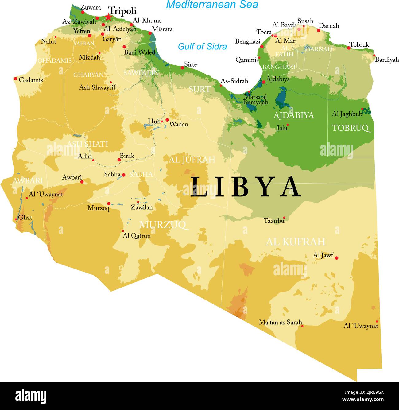 Highly detailed physical map of Libya in vector format,with all the relief forms,regions and big cities. Stock Vector