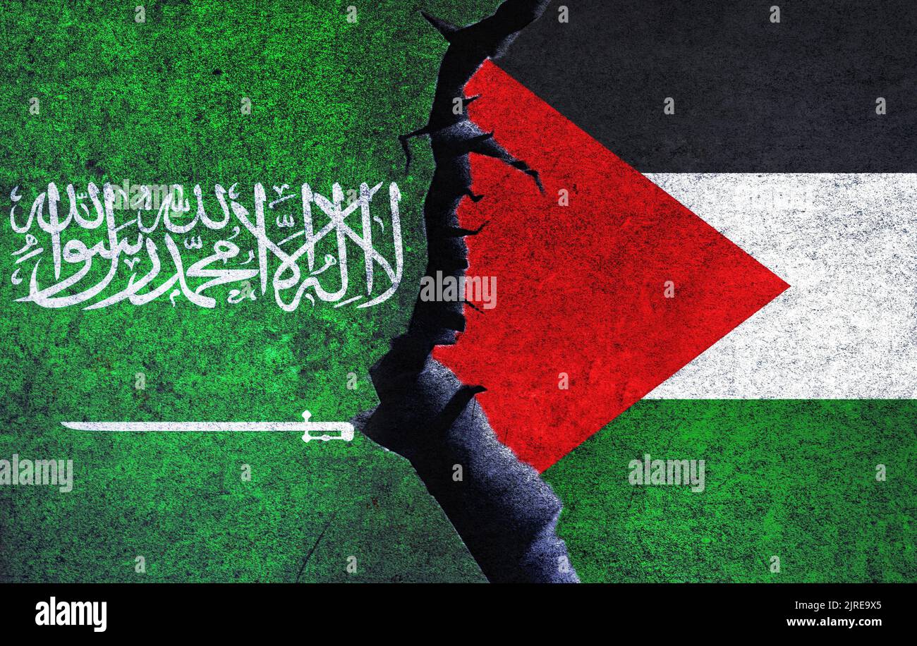 Palestine vs Saudi Arabia concept flags on a wall with a crack. Saudi