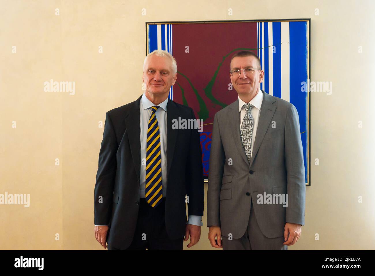 RIGA, LATVIA. 24th August 2022. Graham Stuart (L), Minister of State for Europe of UK meets with Edgars Rinkevics (R), Minister of Foreign Affairs of Latvia. Stock Photo