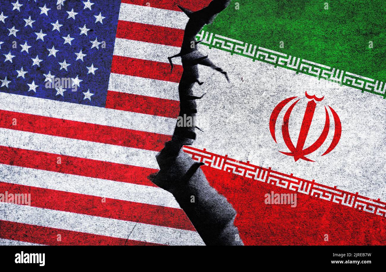 Iran vs USA flags on a wall with a crack. United States of America and