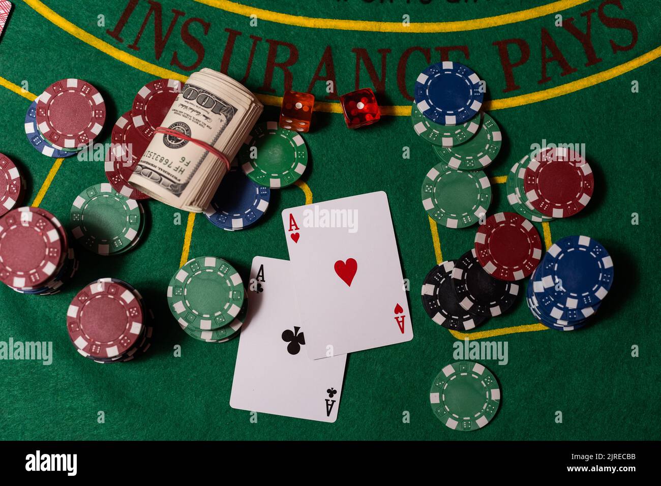 Black Jack table with cards and tokens Stock Photo Alamy