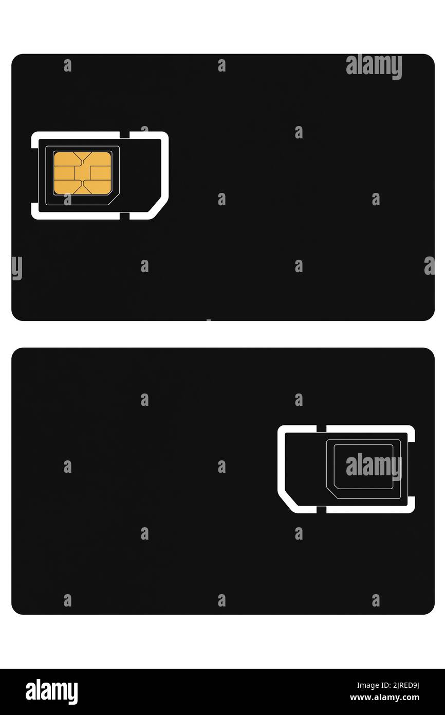 Front and back of mobile SIM card. Blank mobile SIM-card with a triple cut fits for size of a mini, micro, nano, close-up, on a white background. Stock Photo