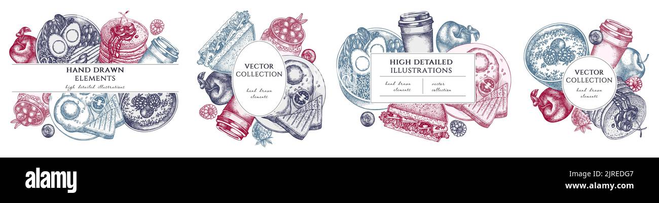 Breakfast hand drawn frame templates. Vintage illustrations of sandwich, pancakes, bowl with avocado, porridge with berries, chia pudding, fried eggs Stock Vector