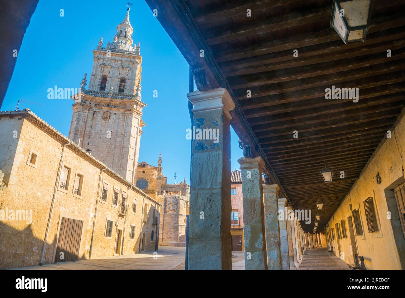 Cathedral from the arcade. Burgo de Osma, Soria province, Castilla Leon, Spain. Stock Photo