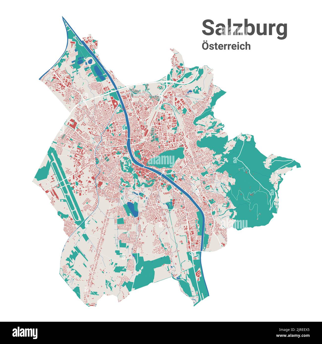 Salzburg vector map. Detailed map of Salzburg city administrative area. Cityscape panorama. Road Map with buildings, water, forest. Tourist decorative Stock Vector