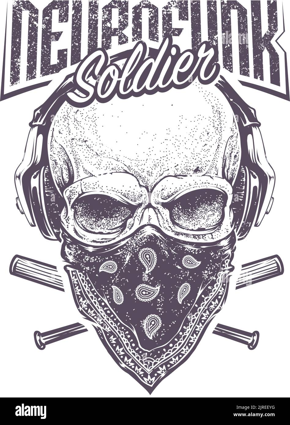 Skull bandana vector illustration, soldier skull design, Human skull, skull with baseball bat, Tattoo of Skull in Gangster Stock Vector