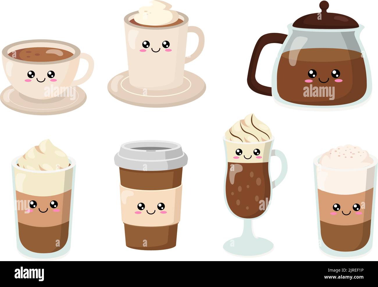 A bunch of cute stickers isolated on white background. Different types of coffee. Stock Vector