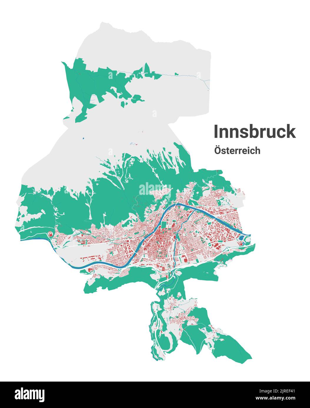 Innsbruck vector map. Detailed map of Innsbruck city administrative area. Cityscape panorama. Road Map with buildings, water, forest. Tourist decorati Stock Vector