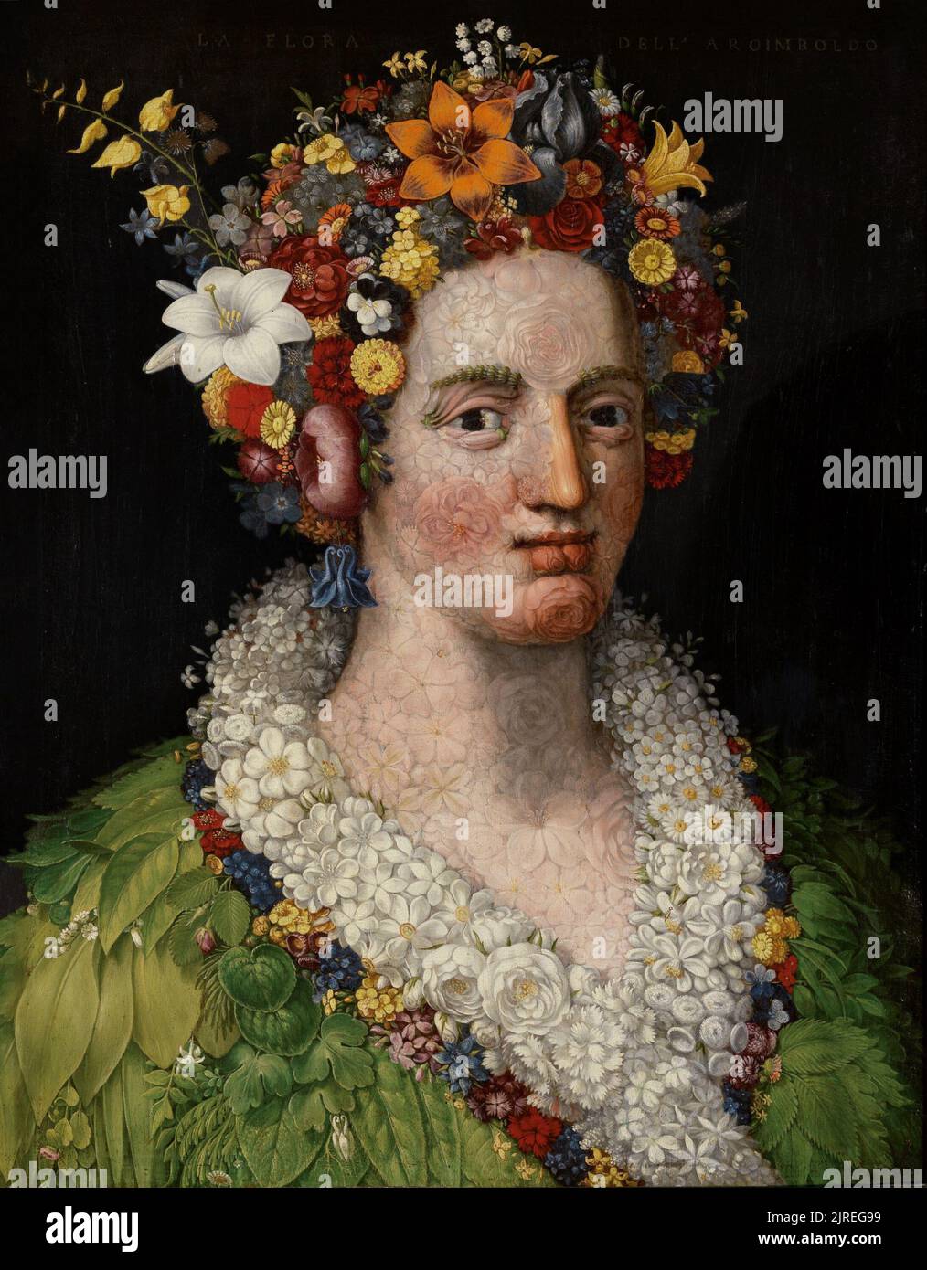 Flora; flower; flowers; Giuseppe Arcimboldo; spring; portrait; paiting; allegory ; woman; female; season Stock Photo