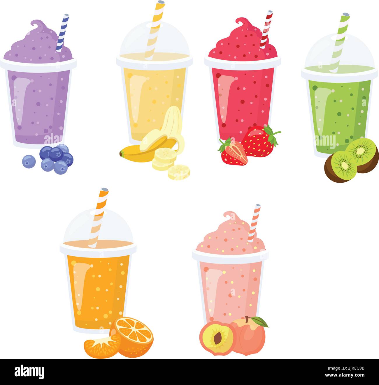 The different flavors of fruit smoothie isolated on white background. Stock Vector