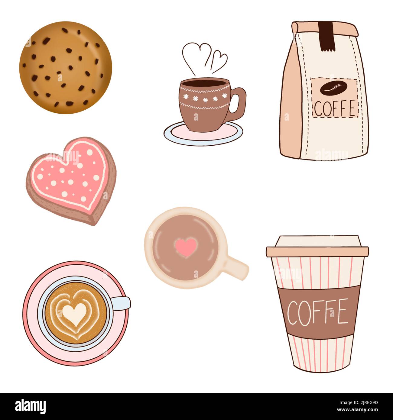 The pixel stickers isolated on white background. Coffee and cookies. Stock Vector