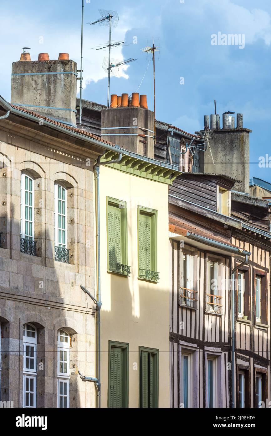 Typical mixed architectural styles and finishes on 'old quarter' street of Limoges, Haute-Vienne (87), France. Stock Photo