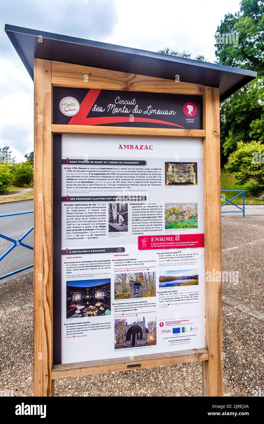Village information boards describing tourism attractions - Ambazac, Haute-Vienne (87), France. Stock Photo