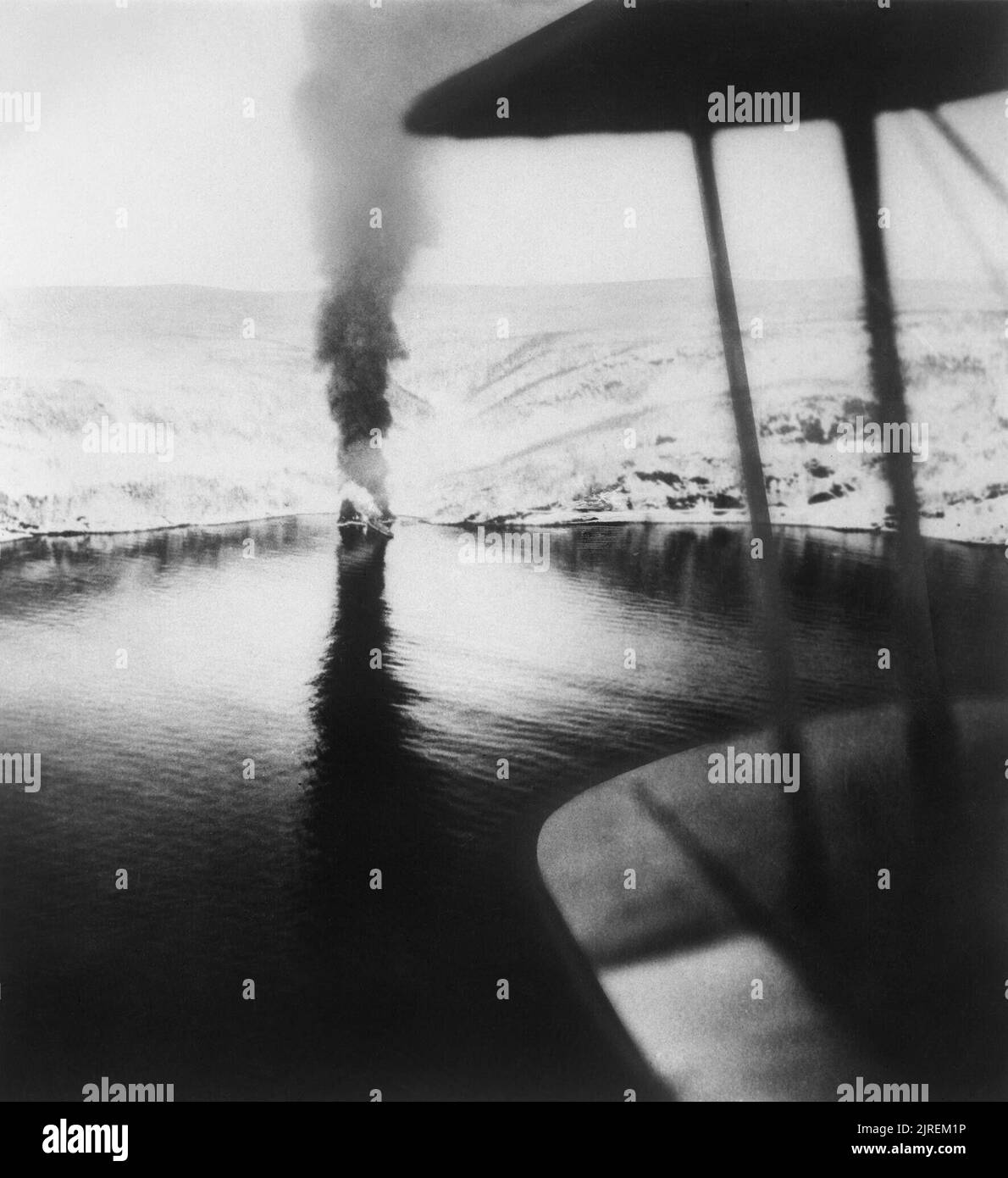 The Royal Navy during the Second World War The German destroyer Z 19 HERMANN KUHNE beached at Hepjangs Fjord and burning furiously during the second British naval action off Narvik. Stock Photo