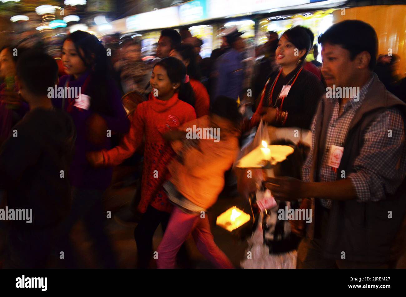 Parade of Nepalese people for celebration and respect praying rite to