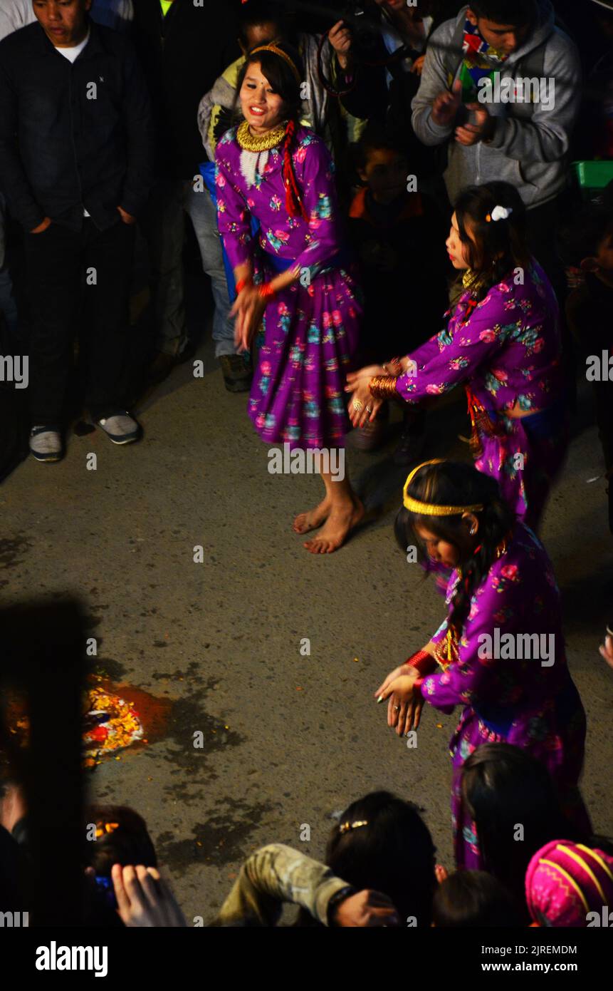 Parade of Nepalese people for celebration and respect praying rite to