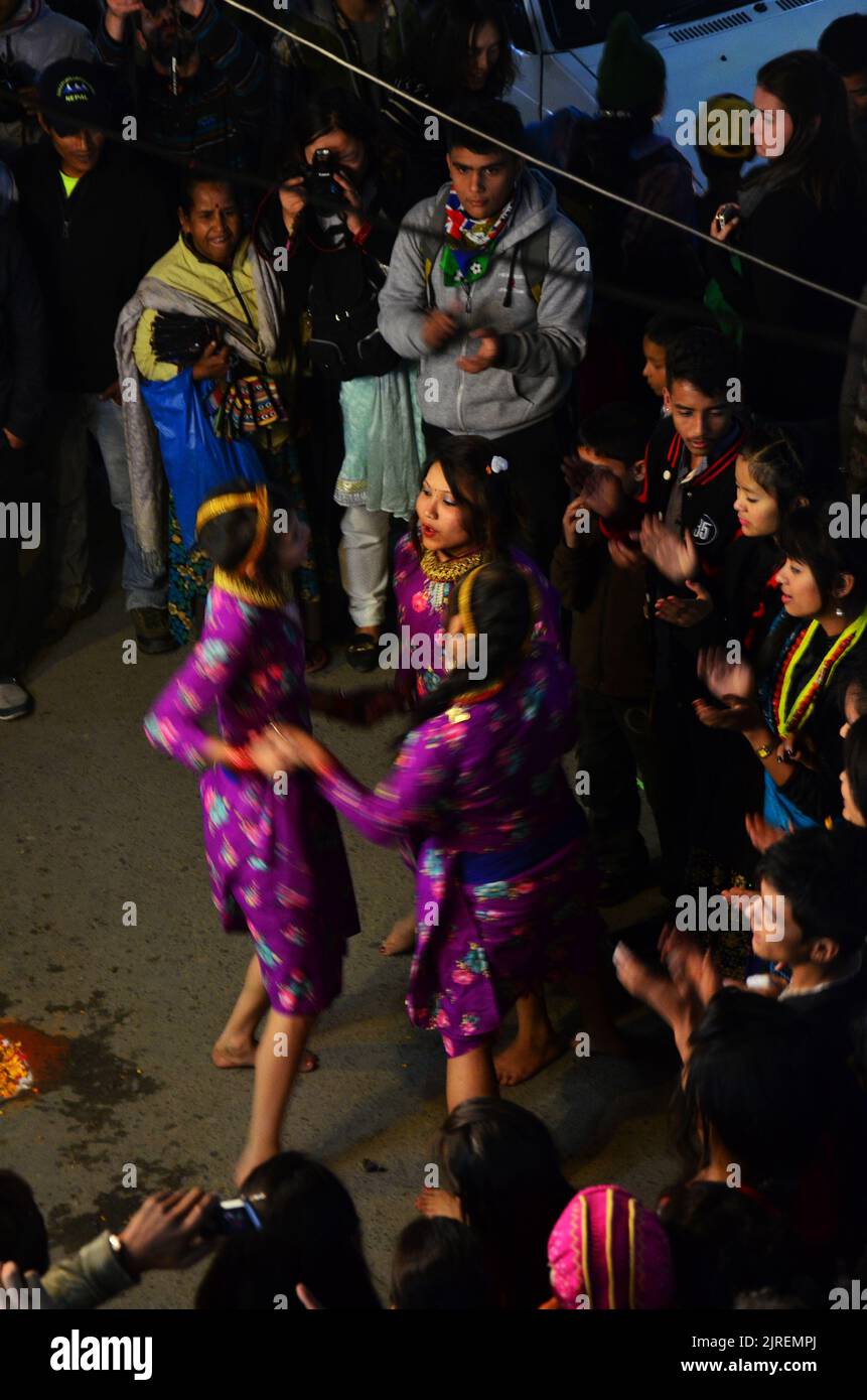 Parade of Nepalese people for celebration and respect praying rite to