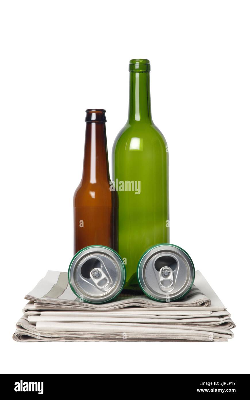 Recycling items, bottles,cans,newspapers isolated on white with path