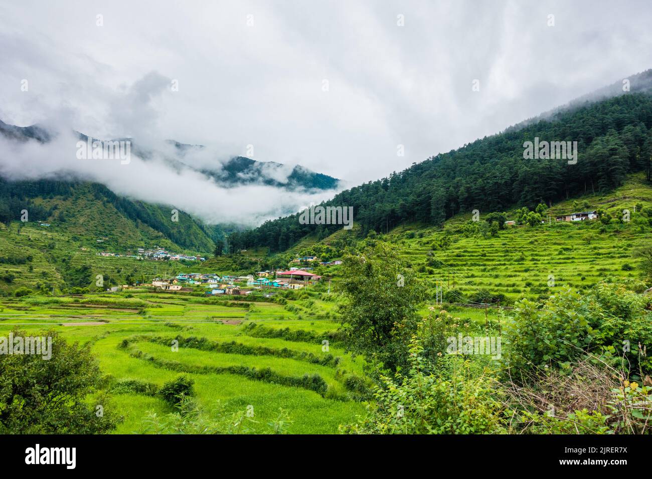 A Wide Angle Shot Of A Village In The Mountains Of Lower Himalayan 