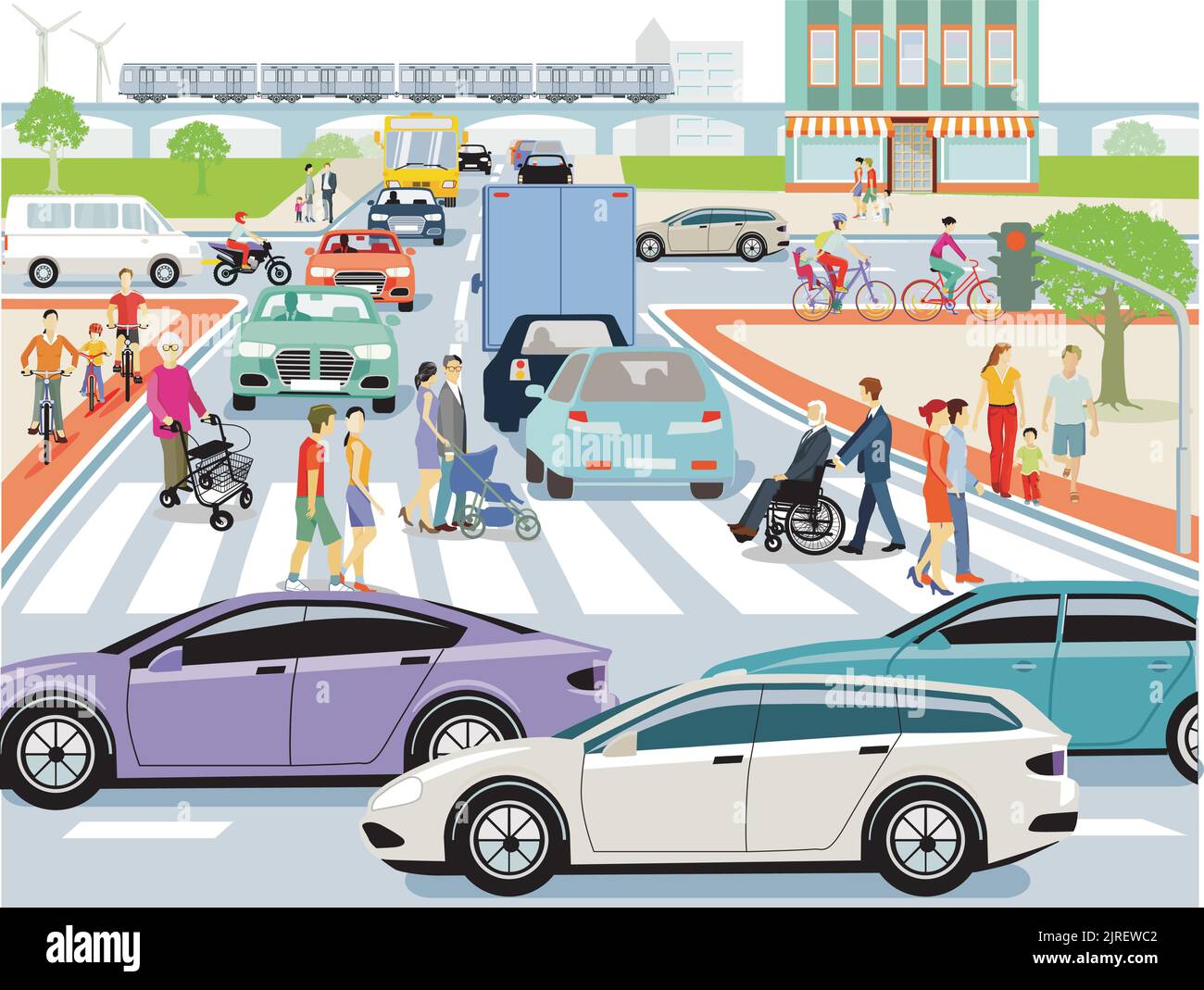 Road traffic with express train, bus and elevated train illustration ...