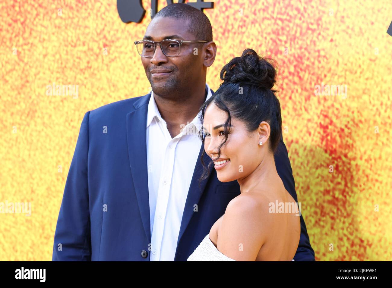 Los Angeles, United States. 23rd Aug, 2022. LOS ANGELES, CALIFORNIA, USA - AUGUST 23: American former professional basketball player Metta World Peace (Ron Artest) and wife Maya Sandiford Artest arrive at the Los Angeles Premiere Of Apple TV 's Original Series 'See' Season 3 held at Directors Guild of America (DGA) Theater Complex on August 23, 2022 in Los Angeles, California, United States. (Photo by Xavier Collin/Image Press Agency) Credit: Image Press Agency/Alamy Live News Stock Photo