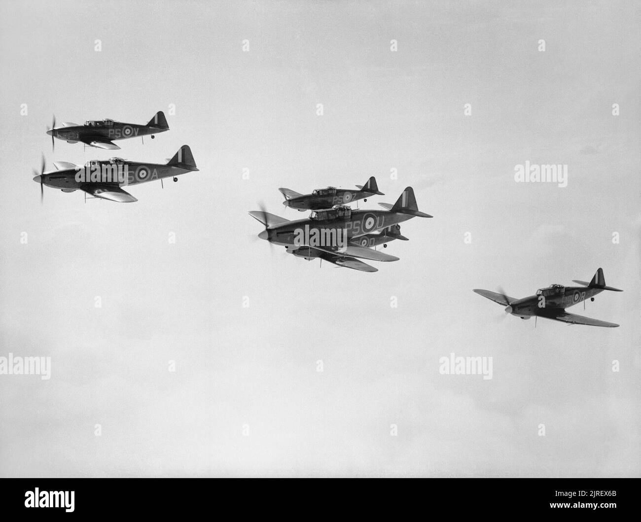 Royal Air Force Fighter Command, 1939-1945. Six Boulton Paul Defiant Mark Is of No. 264 Squadron RAF Kirton-in-Lindsey, Lincolnshire, flying in loose 'vic' formations. Stock Photo