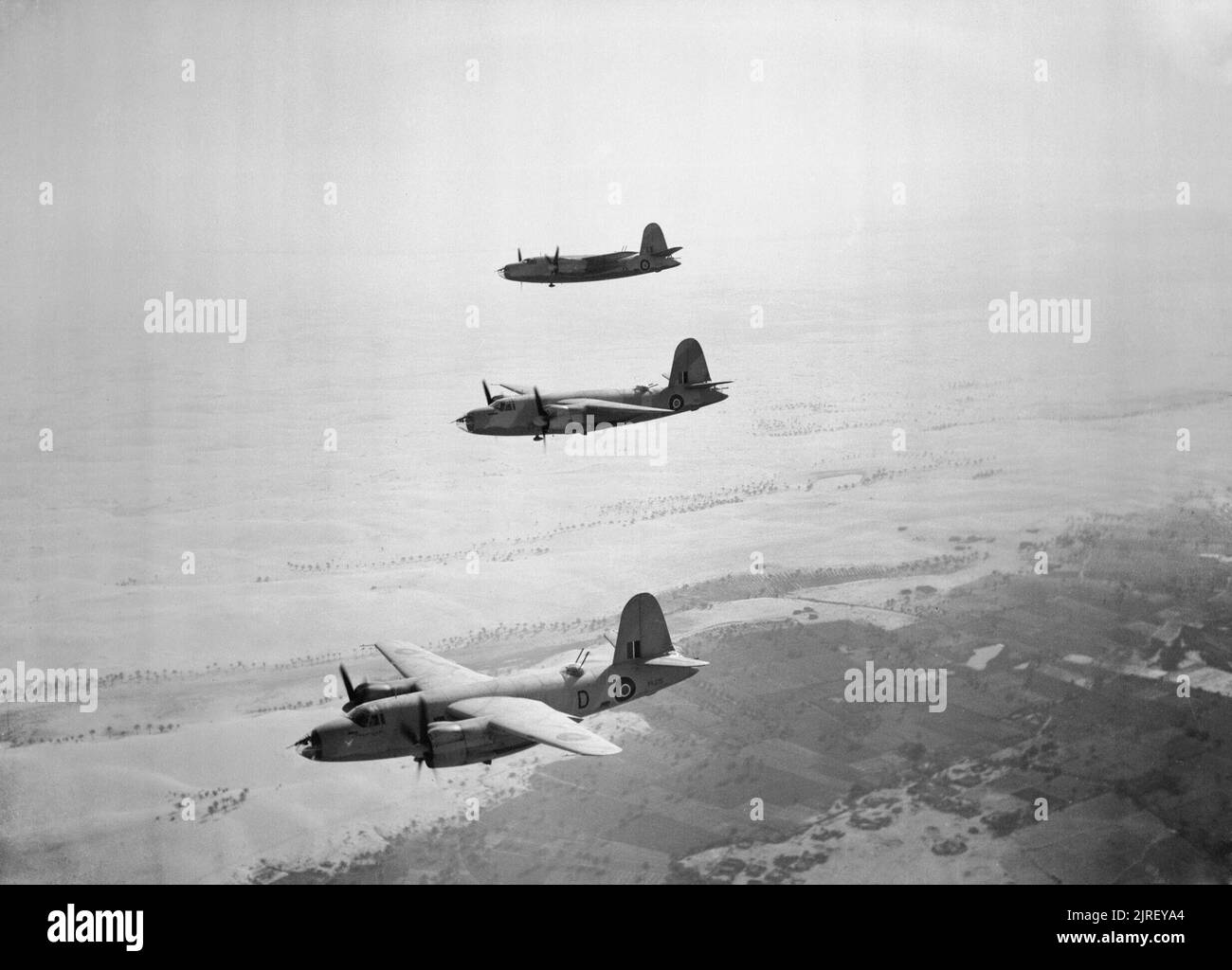 Royal Air Force Operations in the Middle East and North Africa, 1939-1943. Three Martin Marauder Mark Is (FK375 ?D? ?Dominion Revenge? nearest), of No. 14 Squadron RAF based at Fayid, Egypt, flying in starboard echelon formation. Stock Photo