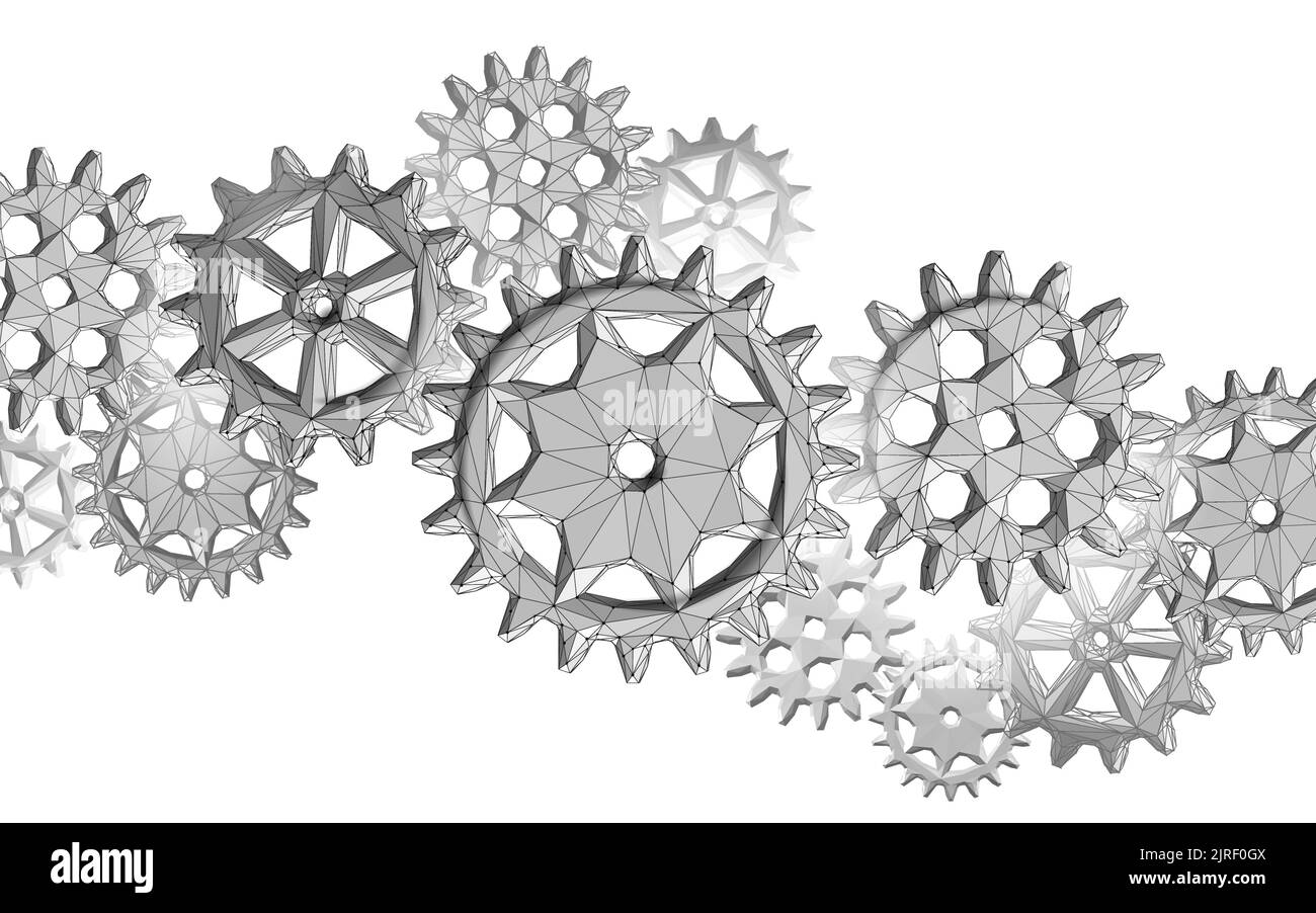 3D gears work progress concept. Wheel industry mechanism engineering teamwork. Data analysis business engine cog. Creative problem coaching vector Stock Vector