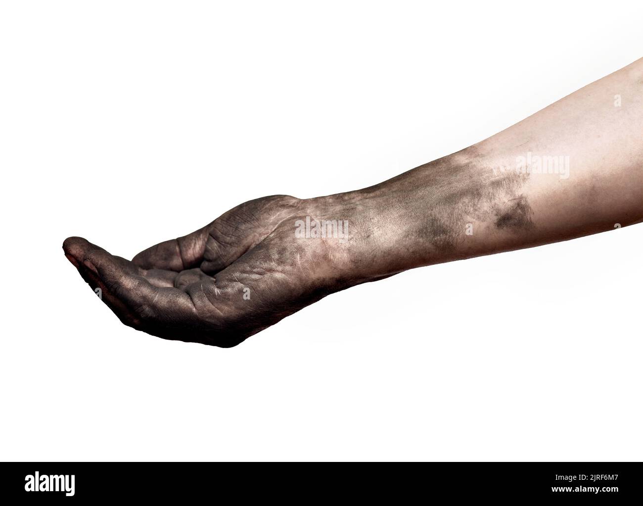 hand help beg poverty dirty coal worker arm Stock Photo