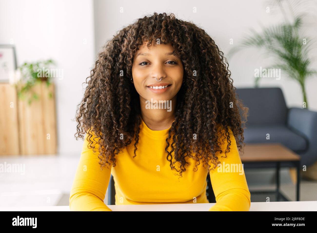 Web cam view of young adult woman having a virtual video call at home office Stock Photo