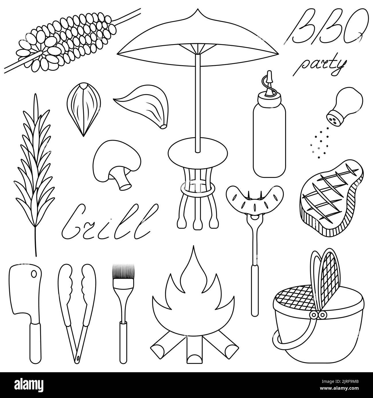 Set of outdoor recreation. Sketch. Collection of barbecue vector illustrations. Bonfire, basket, corn, steak. Coloring book. Isolated background. Stock Vector