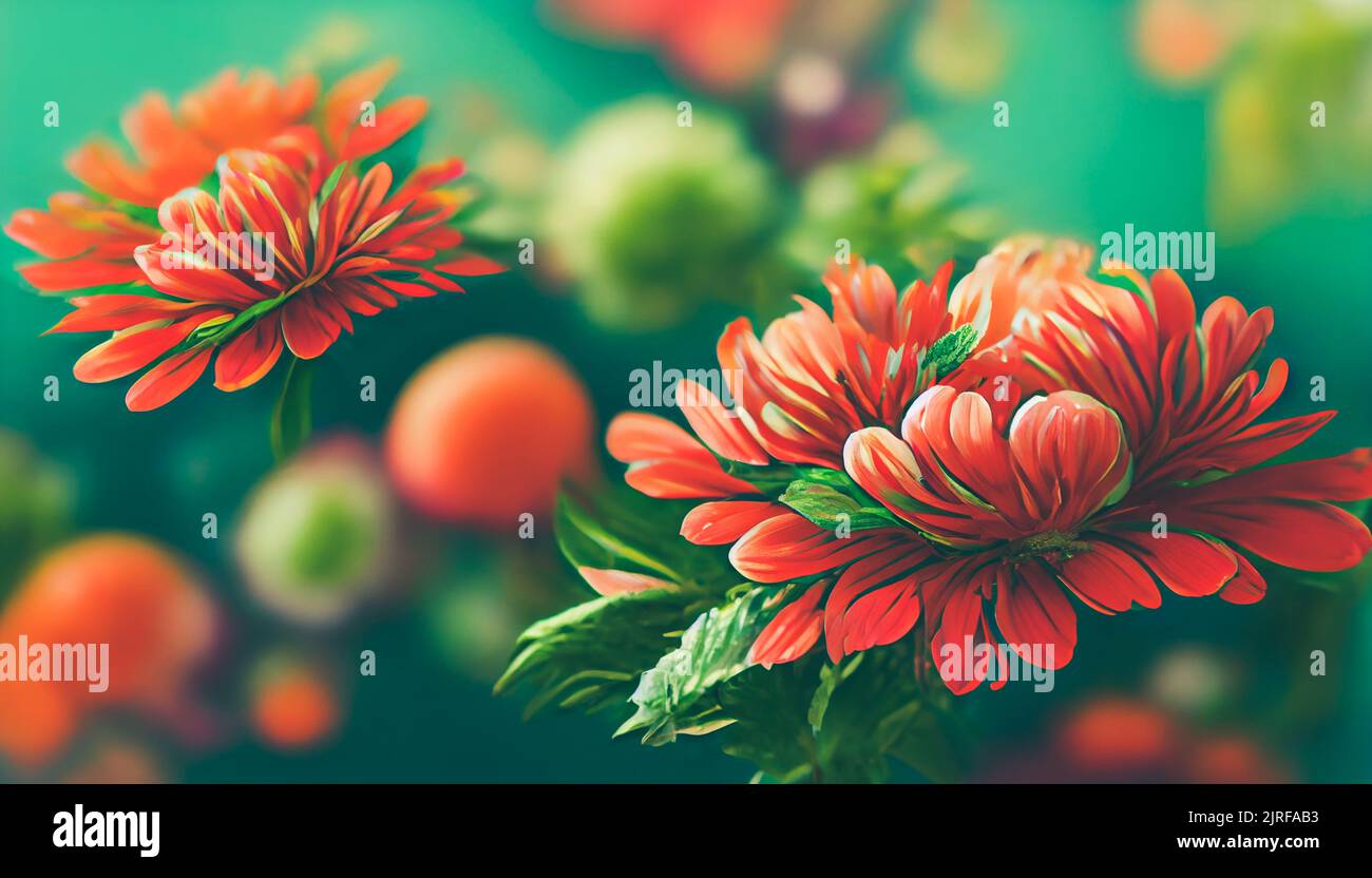 Digital art background Fresh floral background with Chrysanthemum flowers in red and orange, vibrant green foliage, and blurred plants Stock Photo