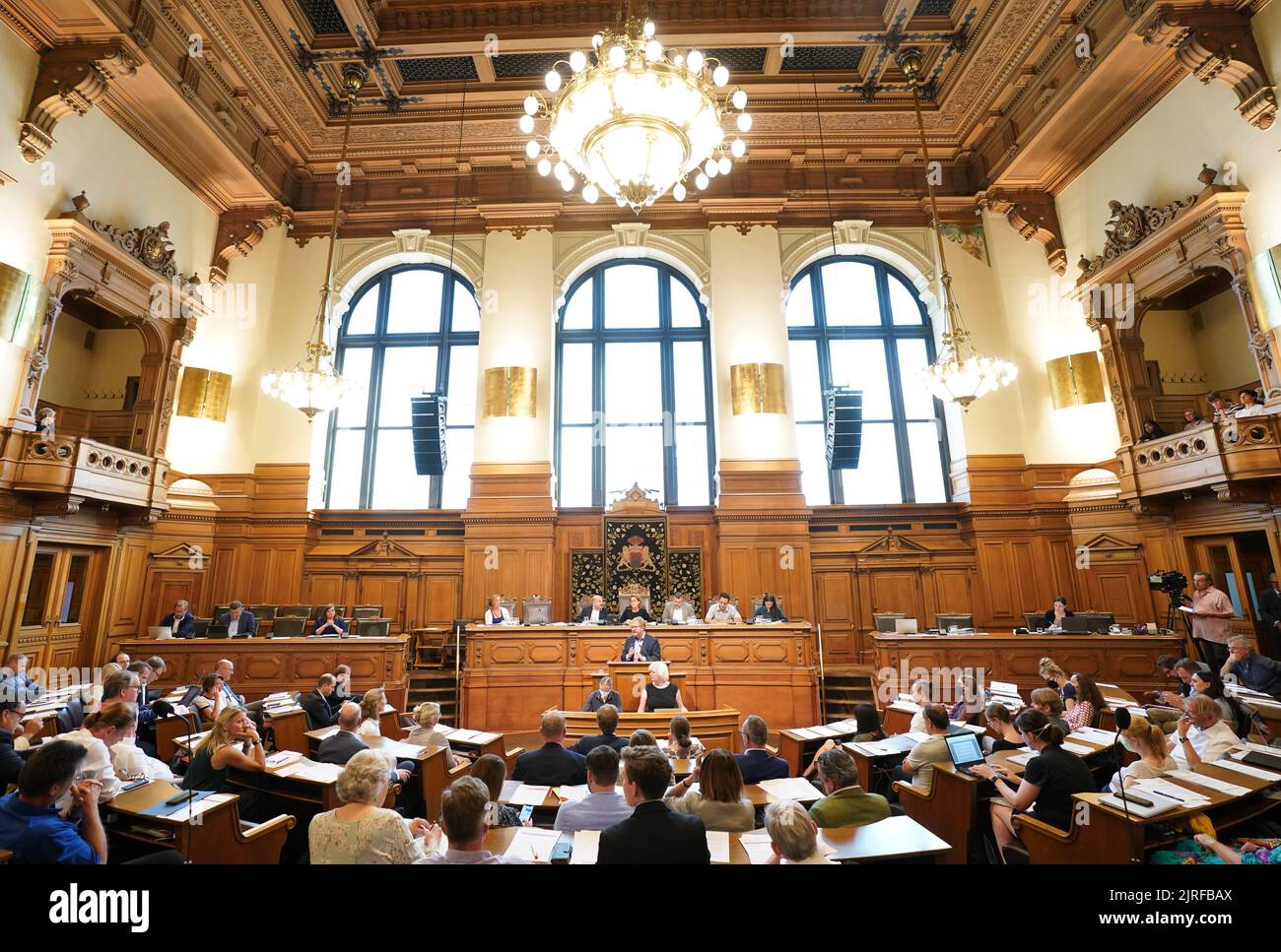 Hamburg, Germany. 24th Aug, 2022. Jens Kerstan (M, Bündnis 90/Die Grünen), Senator for Environment, Climate, Energy and Agriculture in Hamburg, speaks during the session of the Hamburg Parliament at City Hall. Credit: Marcus Brandt/dpa/Alamy Live News Stock Photo