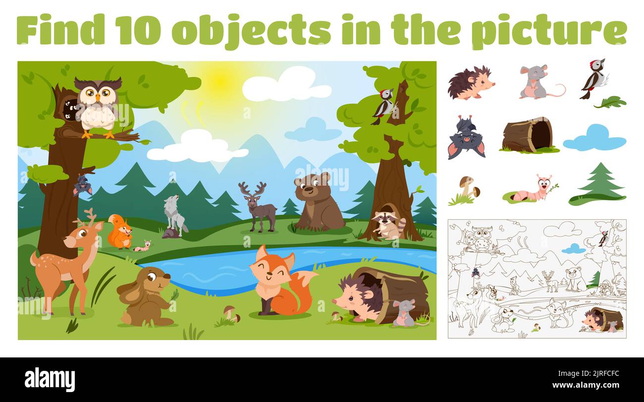 Find 10 hidden objects in the picture. Educational puzzle game for kids with cartoon forest animals in wild nature. Searching items and coloring book page concept. Wildlife and birds with lake, trees. Stock Vector