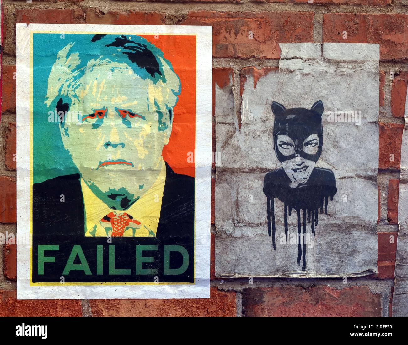 Boris Johnson has failed pasted image and cat woman, Deansgate, Blackpool , Lancs, England, FY1 1BN Stock Photo