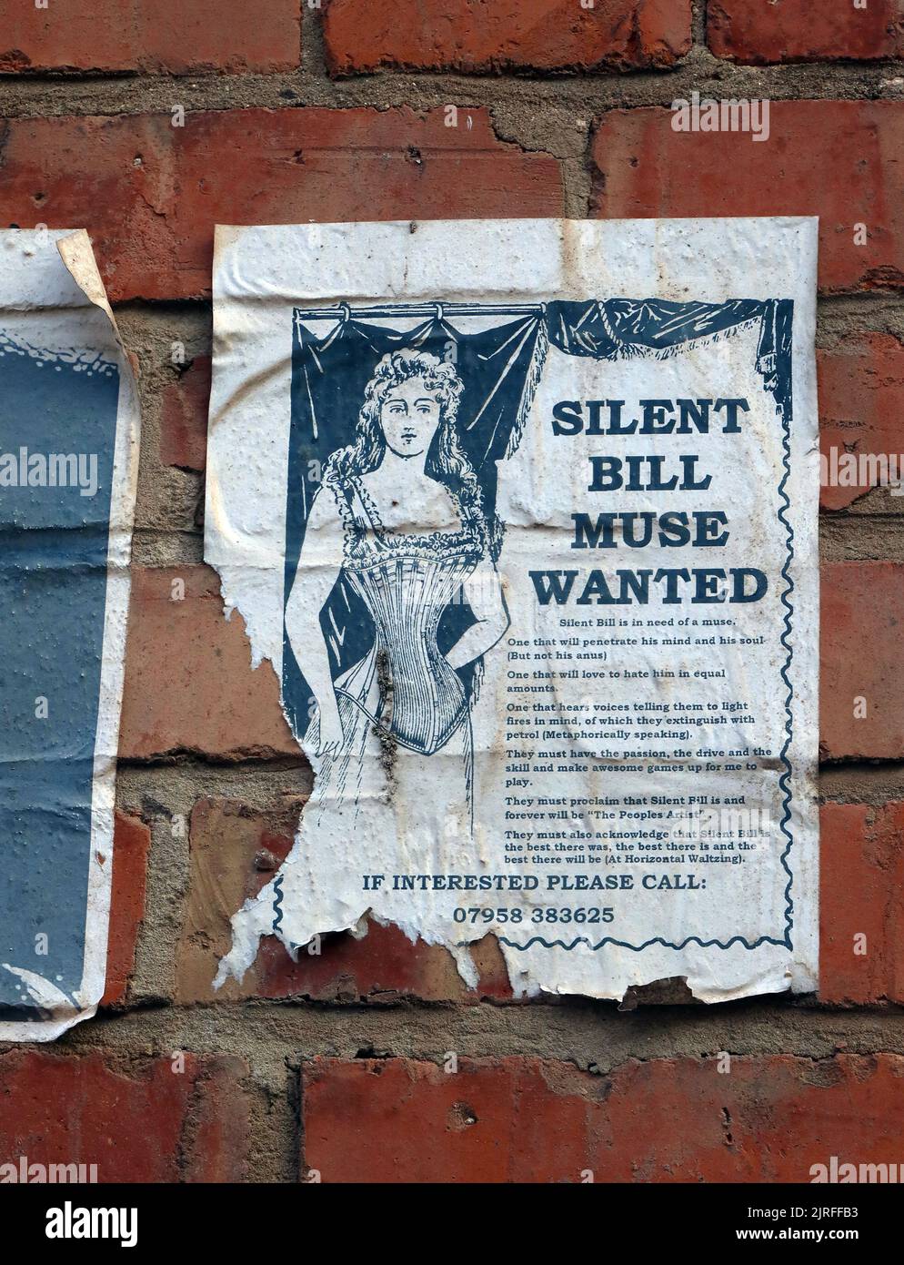 Silent Bill Muse, wanted - 07958-383625, Deansgate, Blackpool , Lancs, England, FY1 1BN Stock Photo