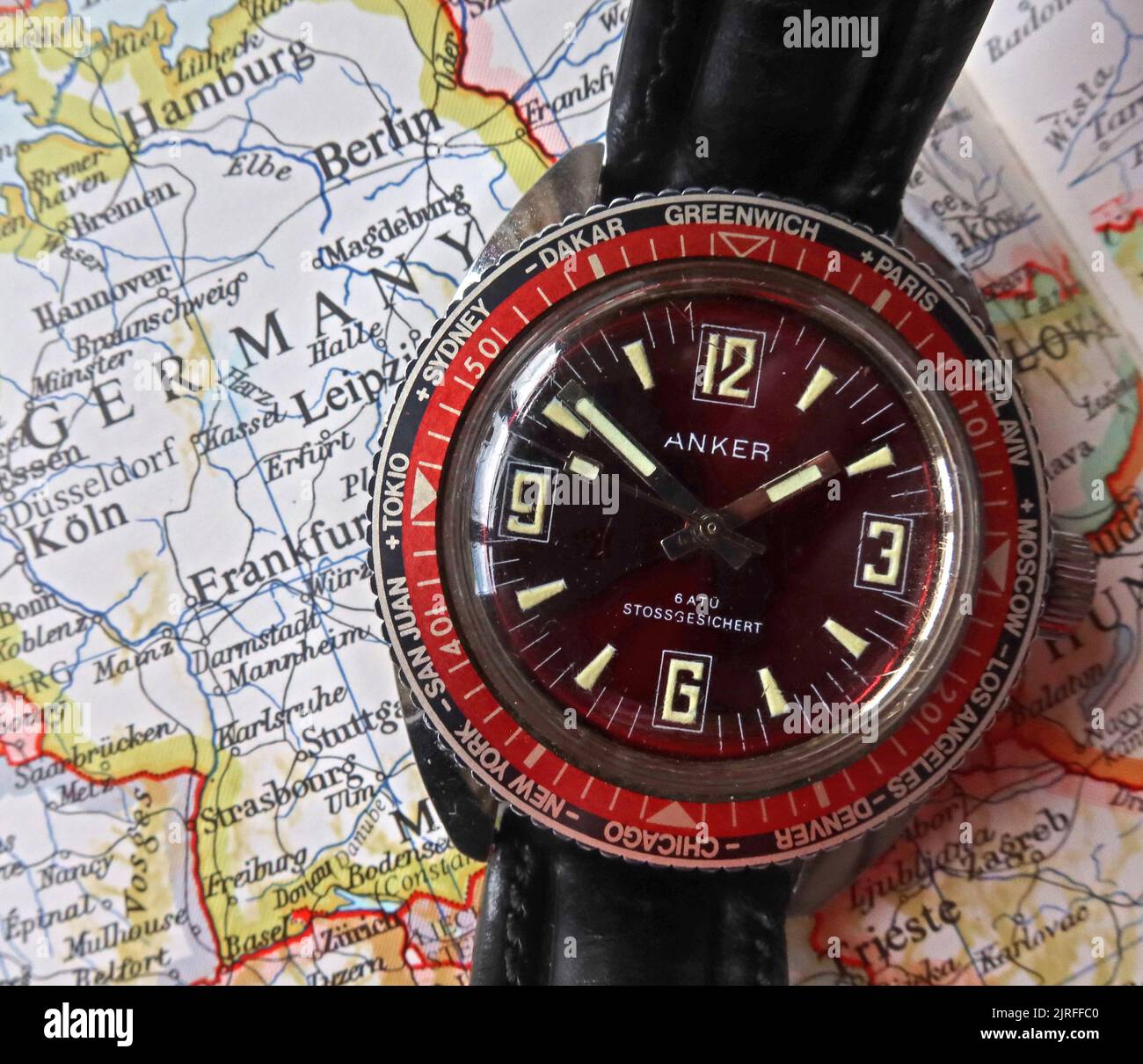 Red Anker German Andreas Huber Company mechanical winding watch, 1970s, GMT dial - Shockproof diver Stock Photo