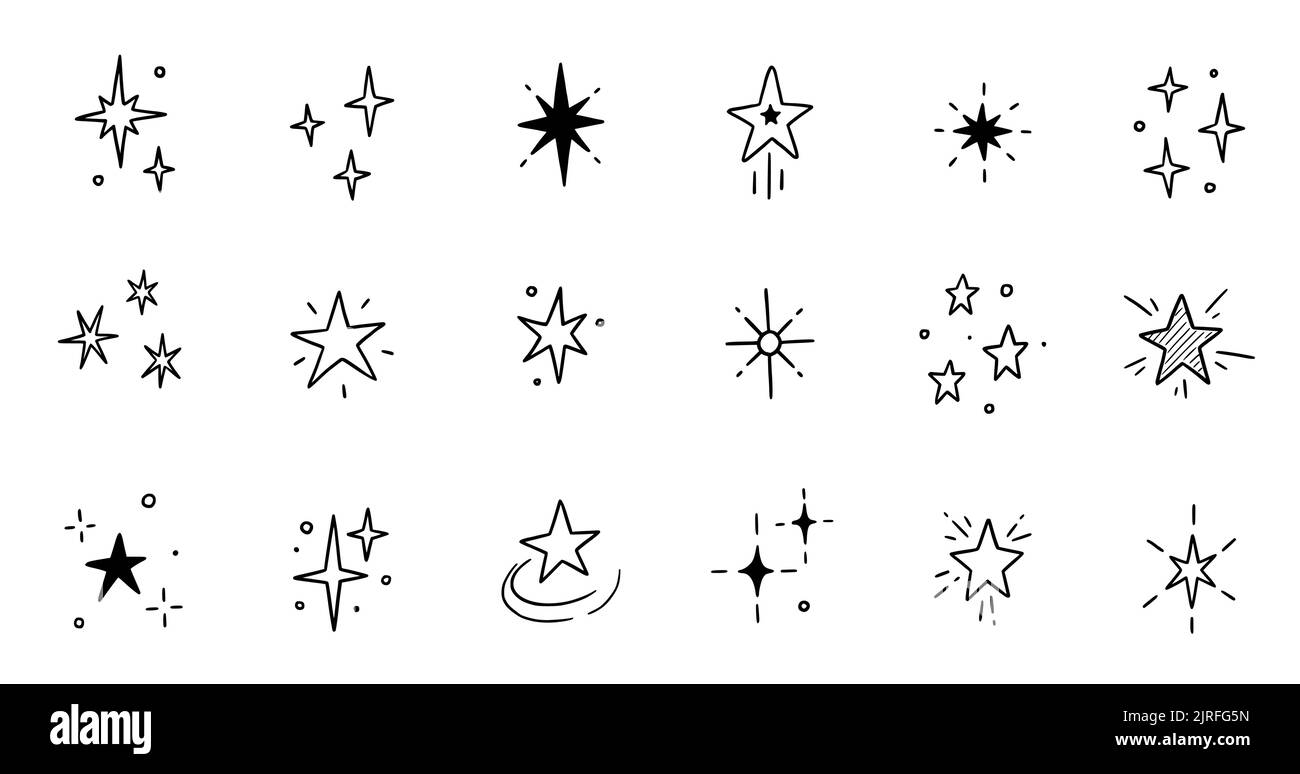 Line star glitter shine of doodle set. Star shine glow, spark glitter