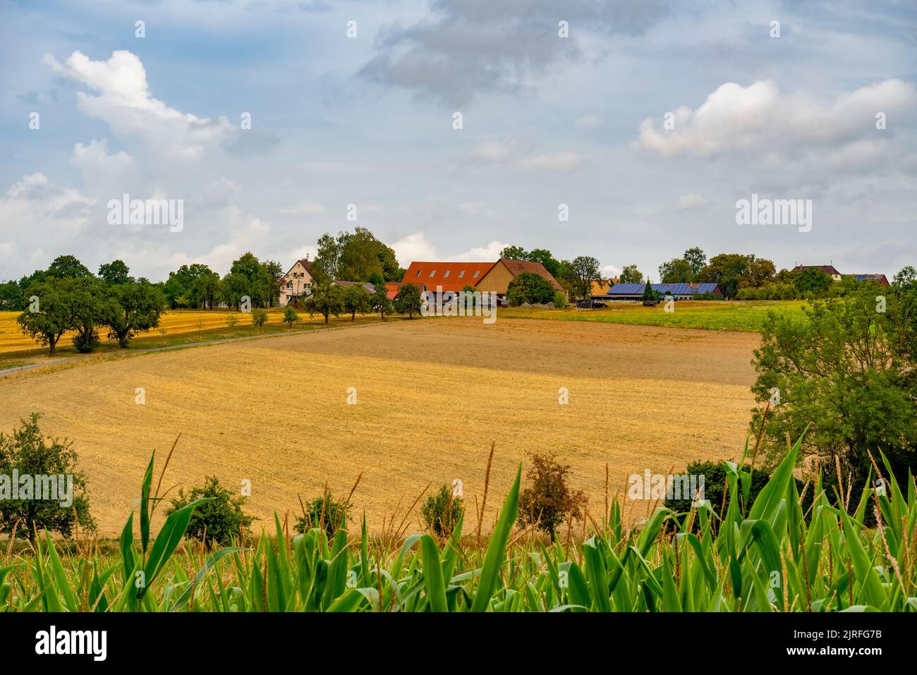 Idyllic farmland scenery around a small village in Hohenlohe, an area in Southern Germany at late summer time Stock Photo