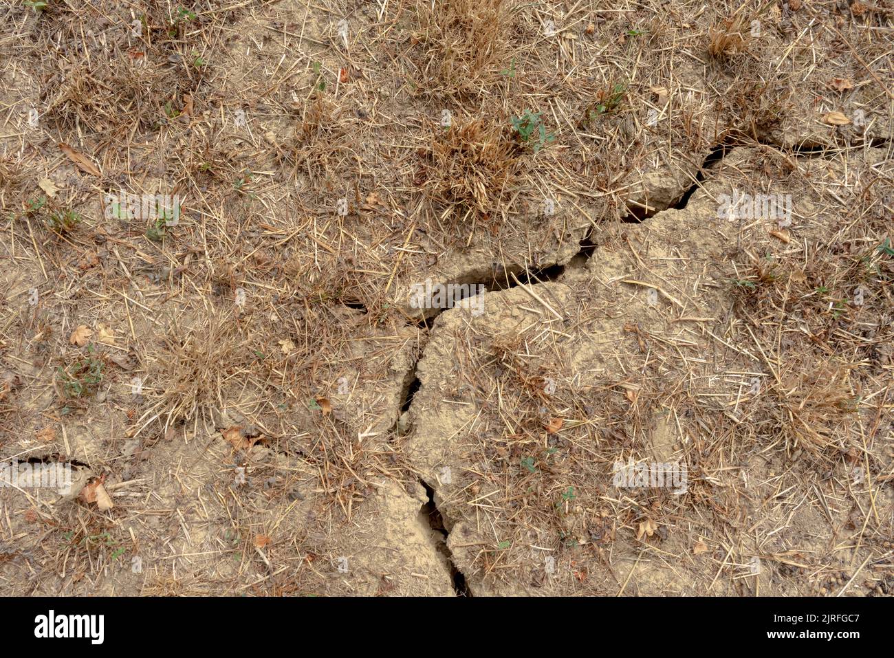 High angle shot showing a cleft on dried out ground Stock Photo