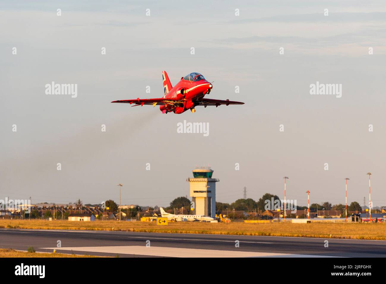 RAF Red Arrows BAe Hawk jet plane taking off from London Southend