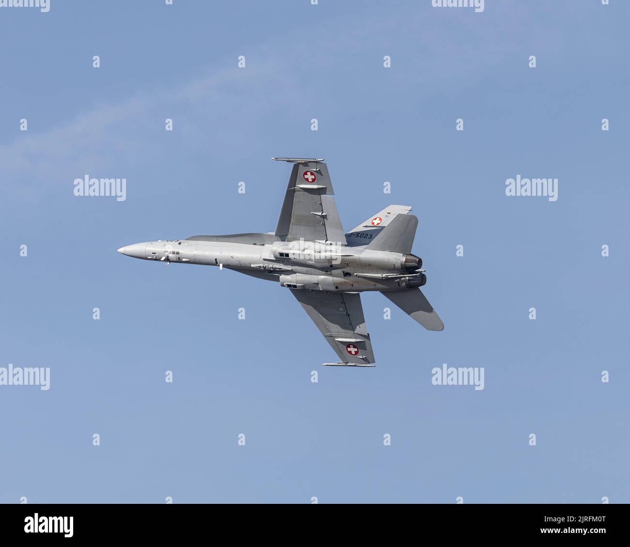 The Boeing F/A-18C Hornet of the Swiss Air Force flying at the 2022 Royal International Air Tattoo Stock Photo