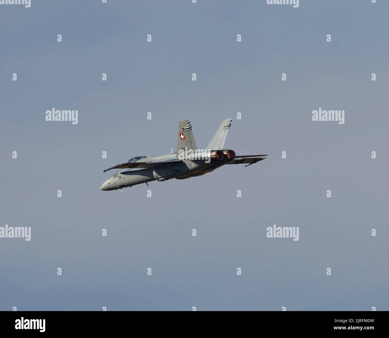 The Boeing F/A-18C Hornet of the Swiss Air Force flying at the 2022 Royal International Air Tattoo Stock Photo